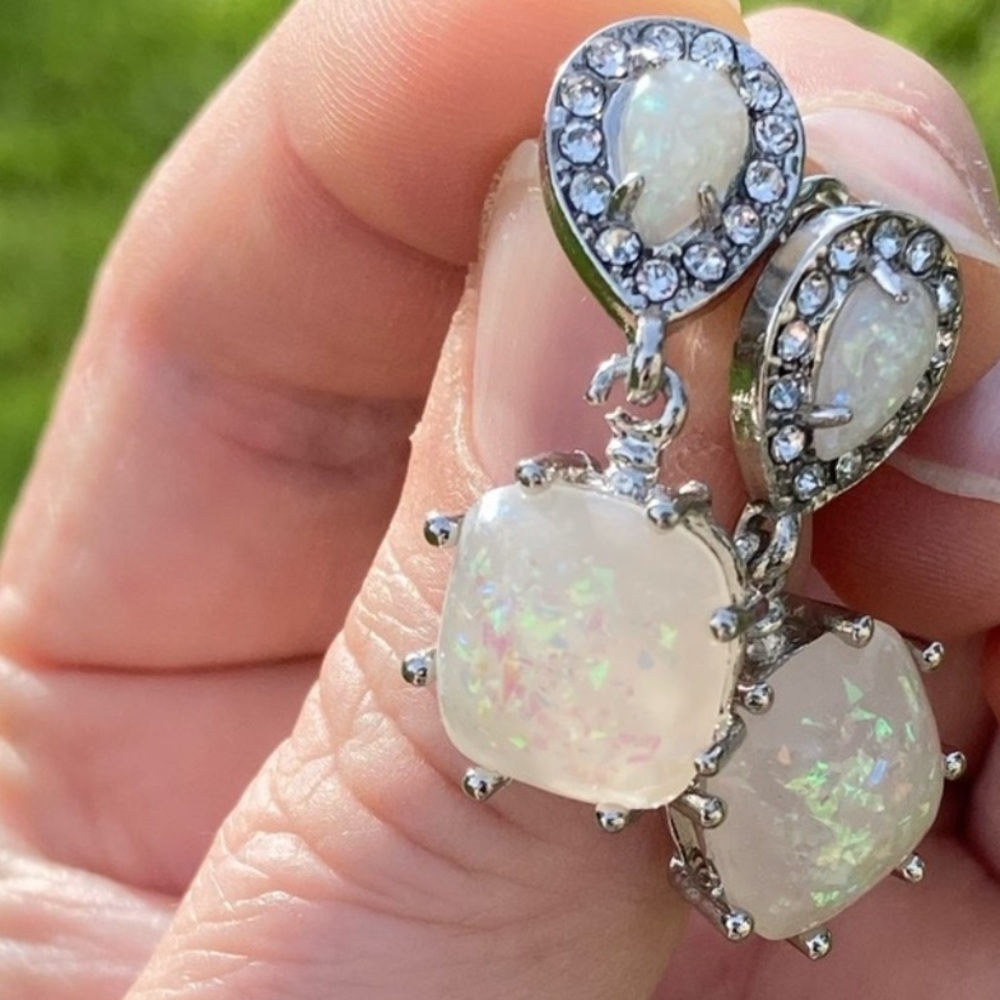 Genuine Fire Opal 925 Silver Earrings with simulated Diamonds - Picture 4 of 7